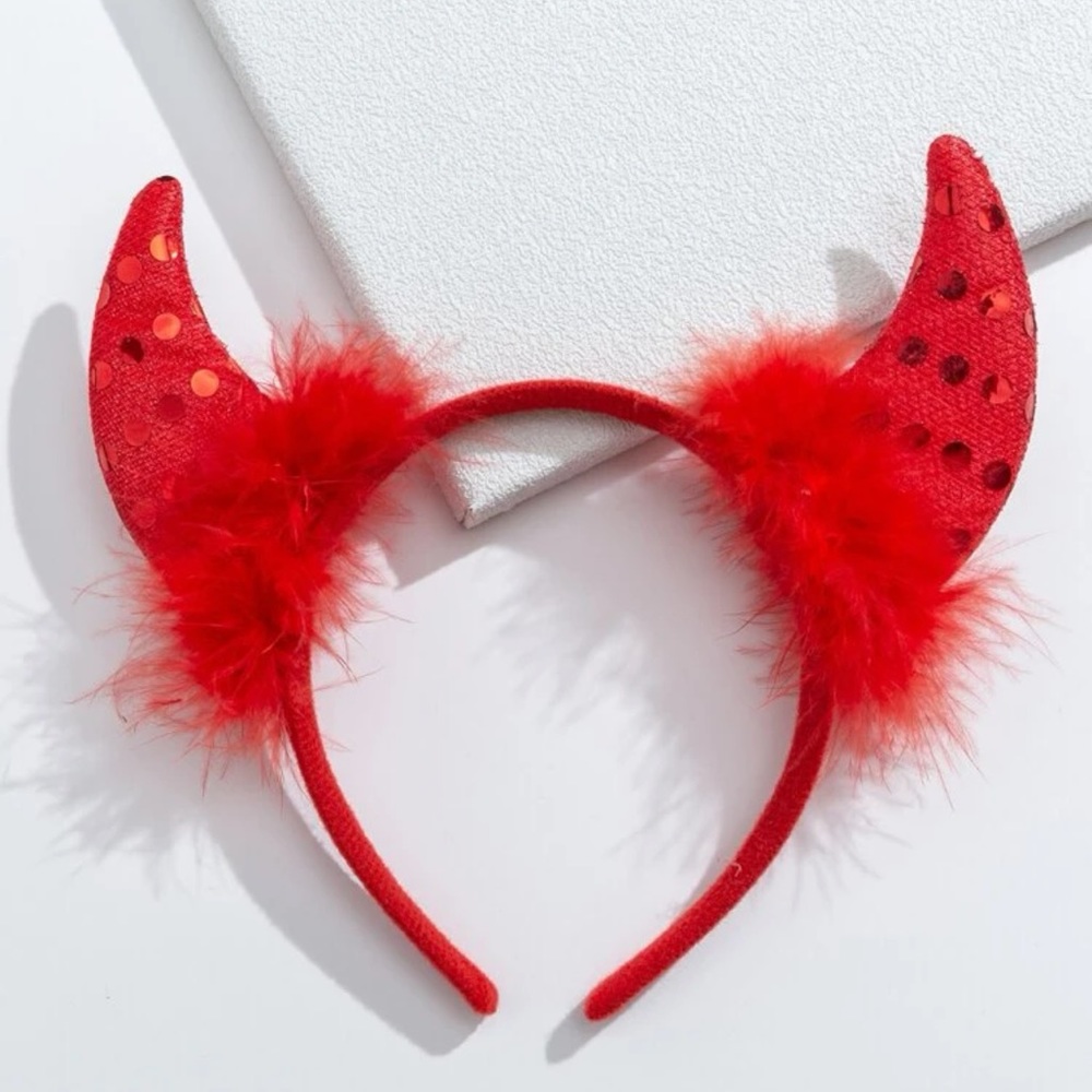 👿 Awesome Mirror Sequins Demon Devil Horn Fuzzy Boa Headdress Headband 👿